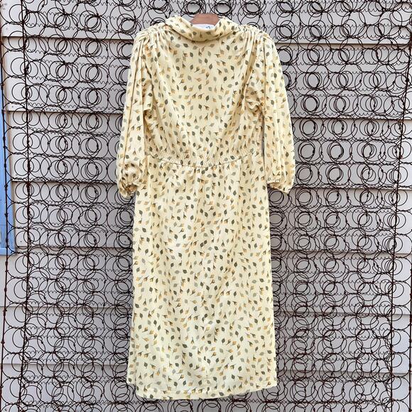 Vintage Leslie Fay floral feather leaf yellow belted dress - Picture 2 of 7